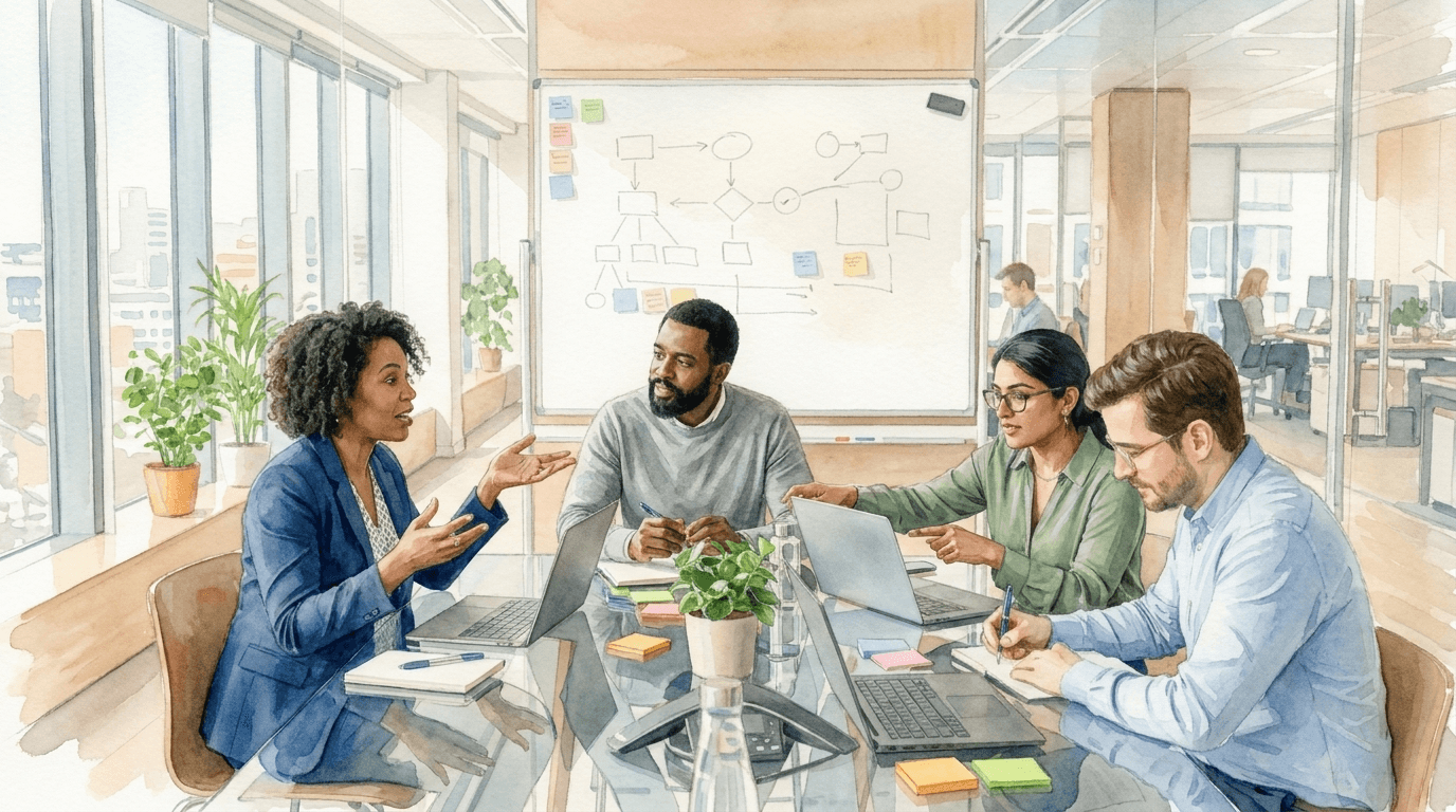 Vier HR- und Führungskräfte an einem Konferenztisch besprechen einen Maßnahmenplan; im Hintergrund ein Whiteboard mit Prozessdiagramm