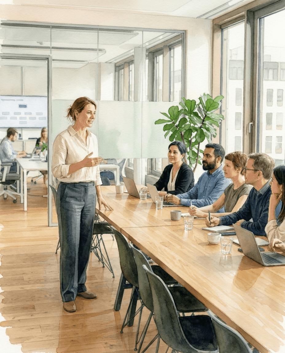 Führungskraft erklärt einem Team in einem hellen Besprechungsraum ein anstehendes Veränderungsprojekt