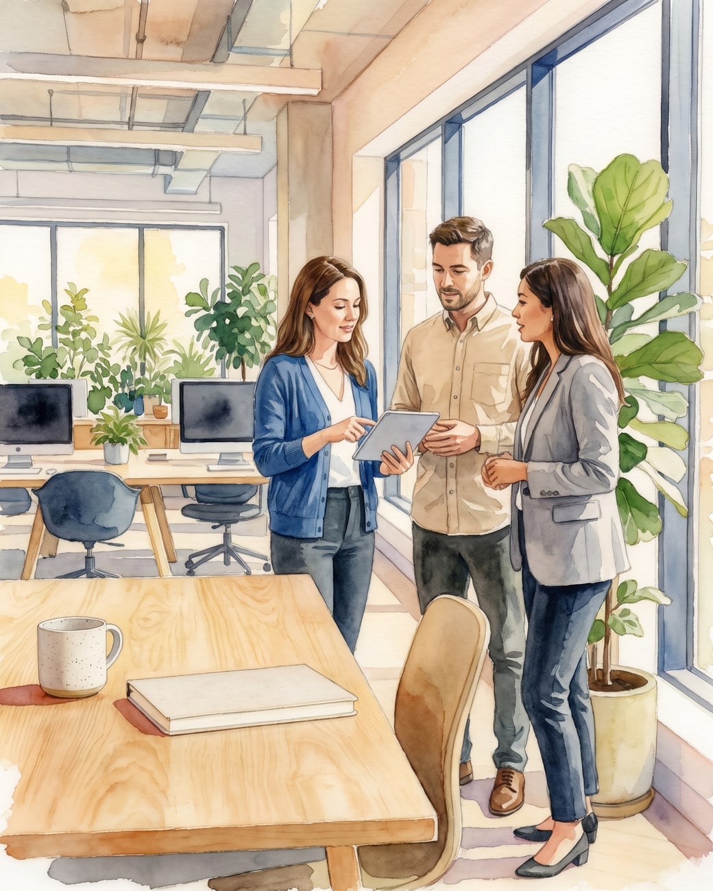 Team bespricht Ideen an einer Glaswand mit Haftnotizen im Büro