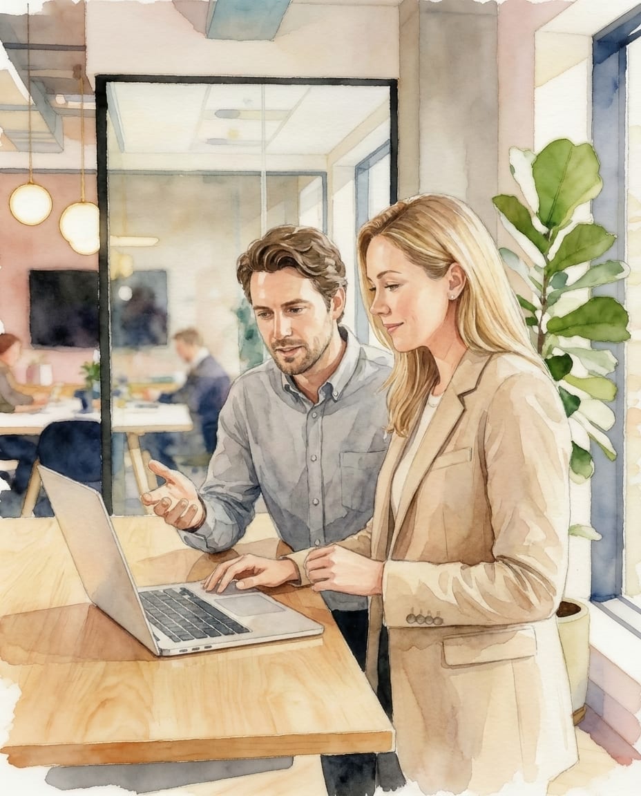 Zwei Fachkräfte besprechen an einem Laptop in einem hellen Büro ein individuelles Angebot