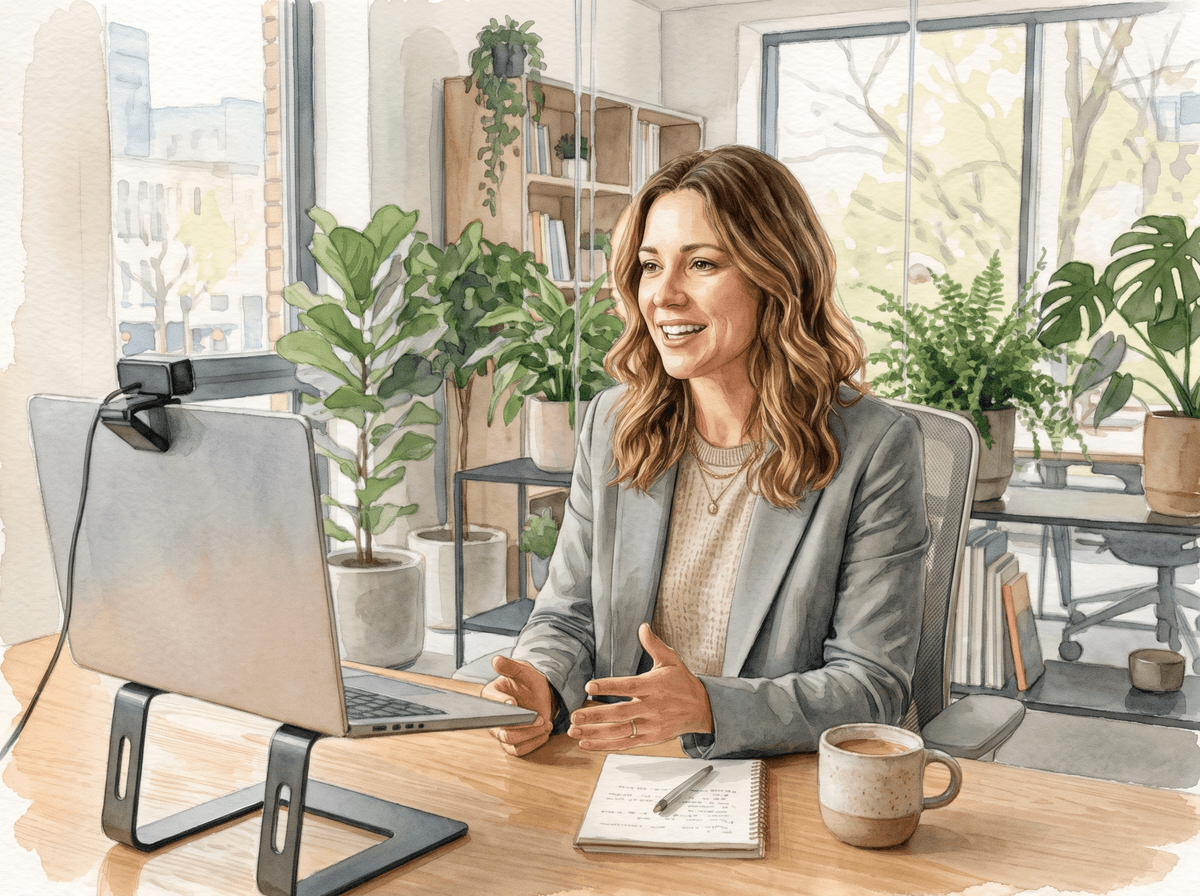 HR-Fachfrau moderiert ein Live-Webinar an ihrem Schreibtisch